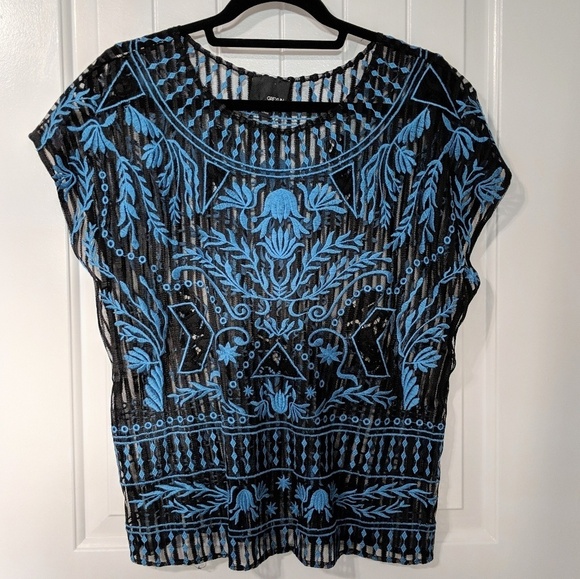NWOT Greylin Embroidered Sheer Black Top - Picture 1 of 7